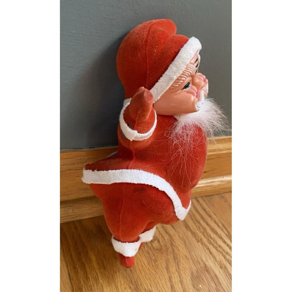 Vintage Christmas Flocked Waving Santa Claus Figure Leg Up Large 8.5
